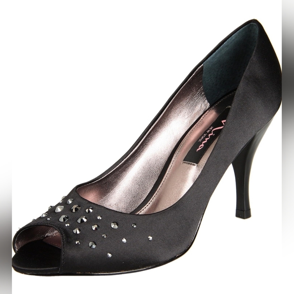 NINA Faviola open-toe pump w/stiletto heel & stone vamp decoration, Black 8.5